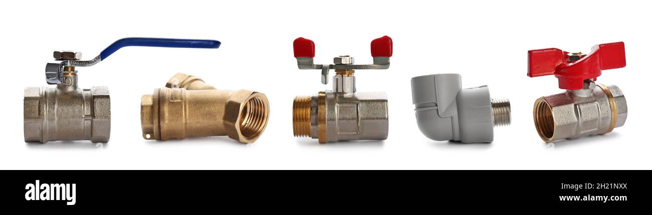 Set of different pipe fittings on white background. Plumber service ...