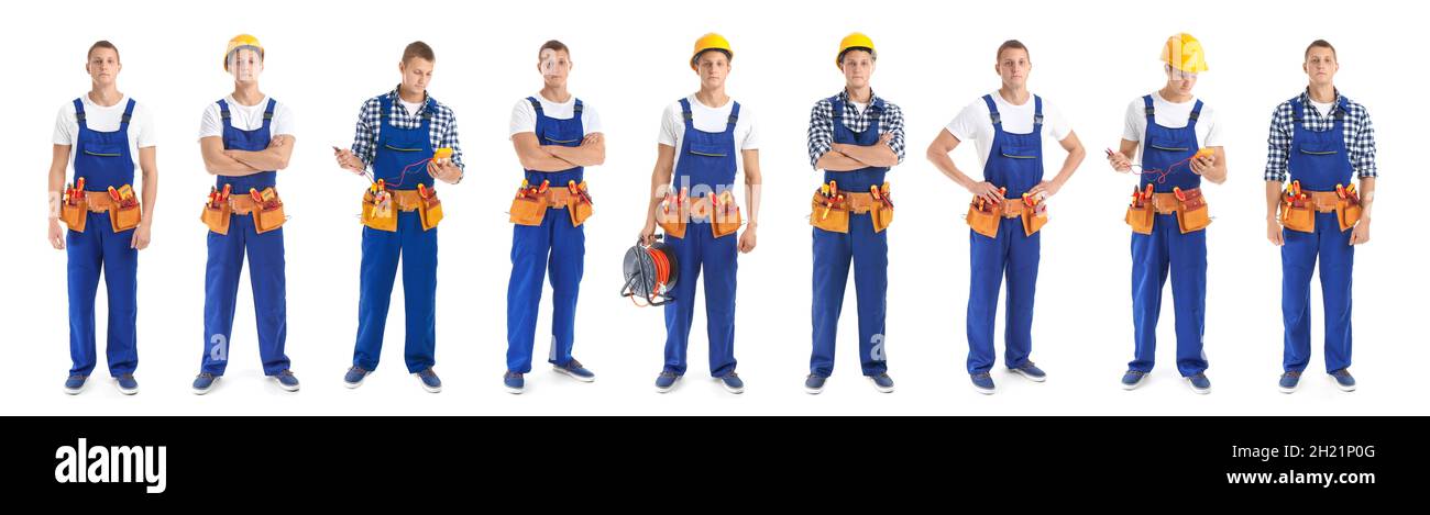 Set with professional electrician and tools on white background Stock Photo  - Alamy