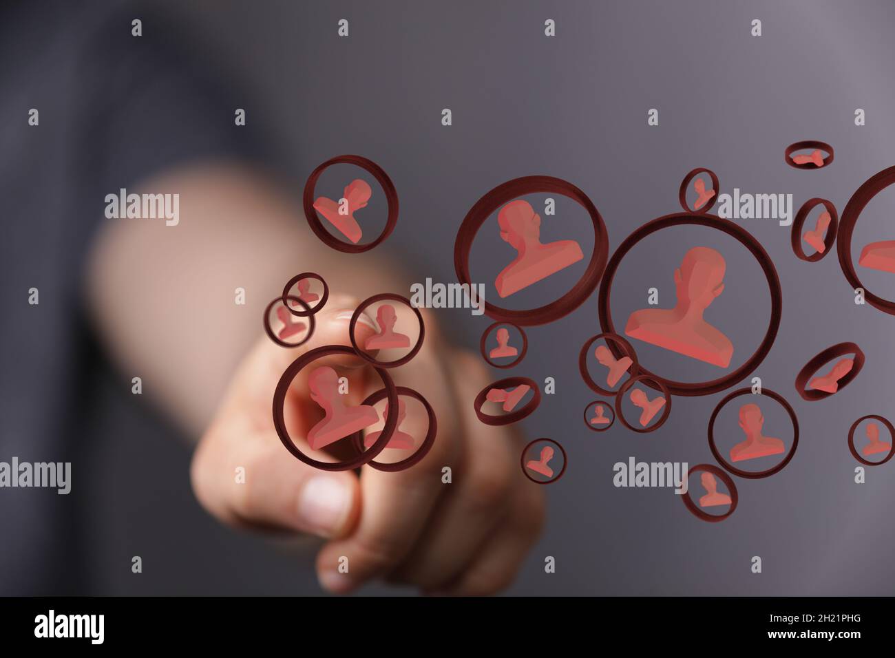 Person tapping on 3D rendered profile icons Stock Photo - Alamy