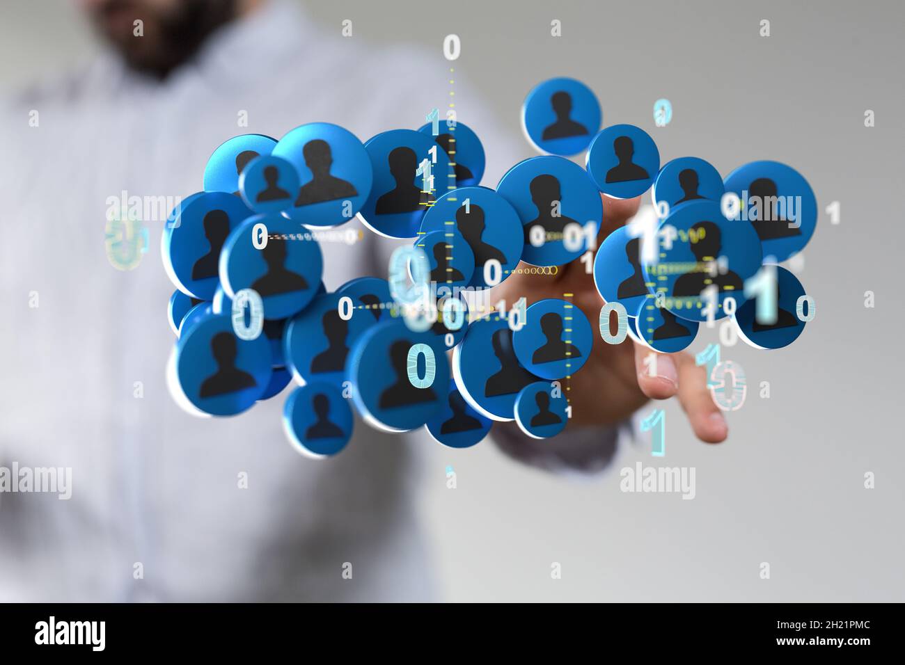 Person tapping on 3D rendered profile icons Stock Photo - Alamy