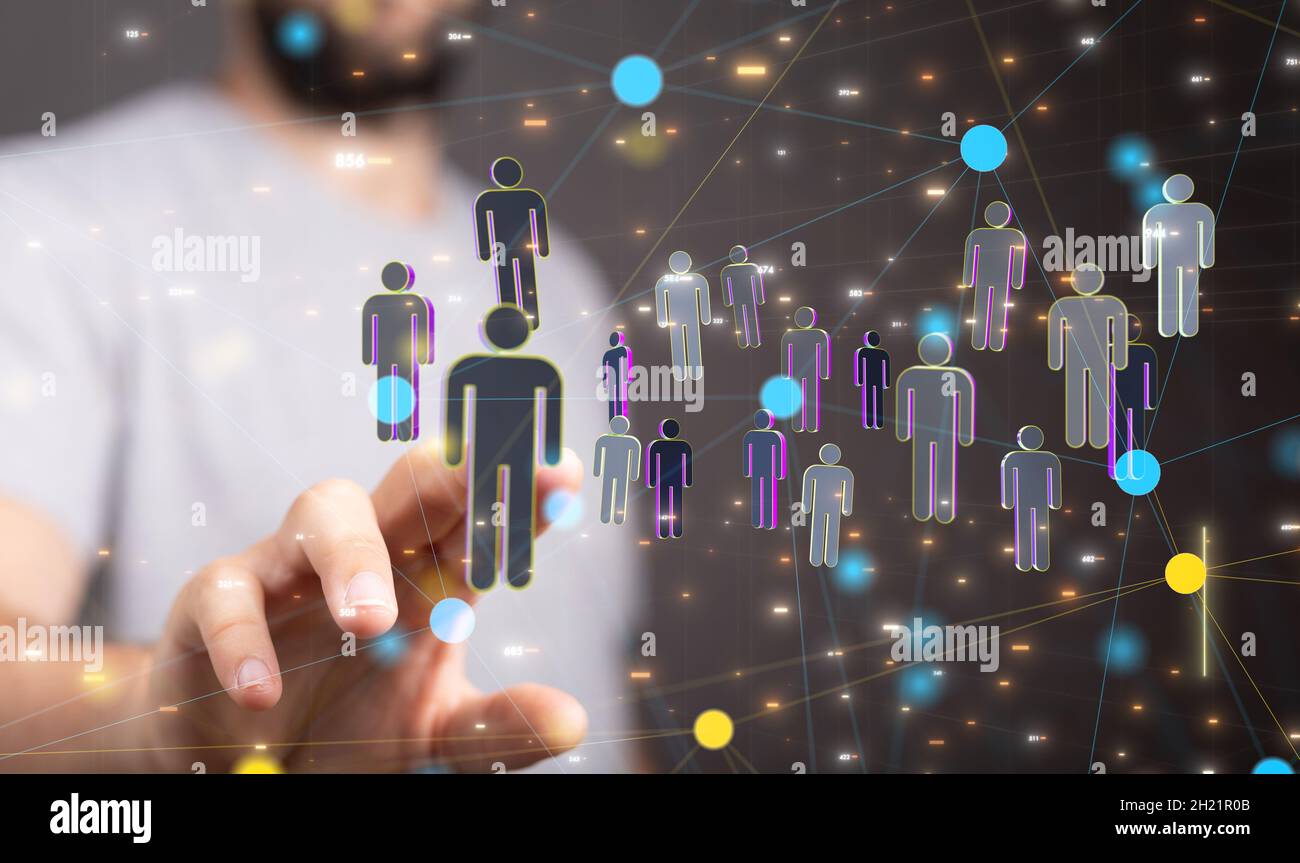 Person tapping on 3D rendered people icons Stock Photo - Alamy