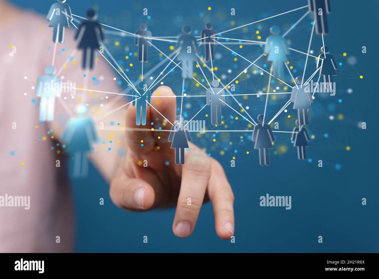 Person tapping on 3D rendered people icons Stock Photo - Alamy