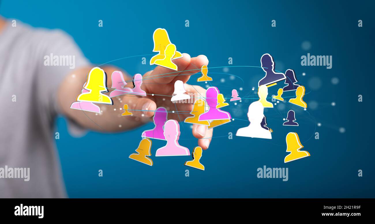 Person tapping on 3D rendered people icons Stock Photo - Alamy