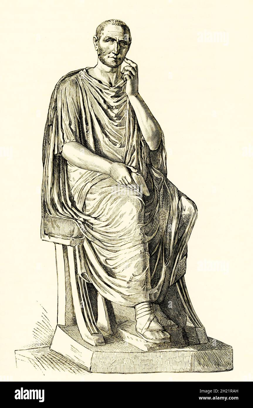 This 1884 illustration shows the statue of the Roman emperor Decius. The Decian persecution of Christians occurred in 250 AD under the Roman Emperor Decius. He had issued an edict ordering everyone in the Empire to perform a sacrifice to the Roman gods and the well-being of the emperor. This statue is house in the Capitoline Museum in Rome. Stock Photo