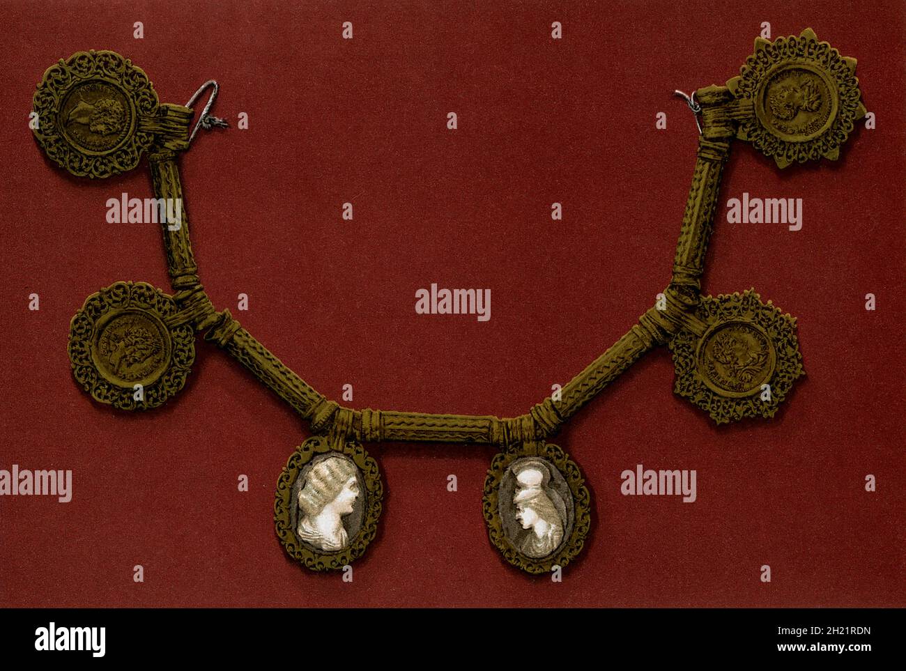 The 1884 caption for this image reads: “Gold Collar found at Naix (Nasium).” This ancient Roman necklace was uncovered in the Gallo-Roman city of Nasium, located in present day France. The necklace was adorned with a cameo of Julia Domna, as well as Severan gold items. The Severan dynasty was from 193 to 235 AD. Julia Domna was Roman empress from 193 to 211 as the wife of Emperor Septimius Severus. Naix was a Gallo-Roman city, located in the Ornain valley, built on a Celtic oppidum situated on the neighbouring hill of Boviolles. Stock Photo