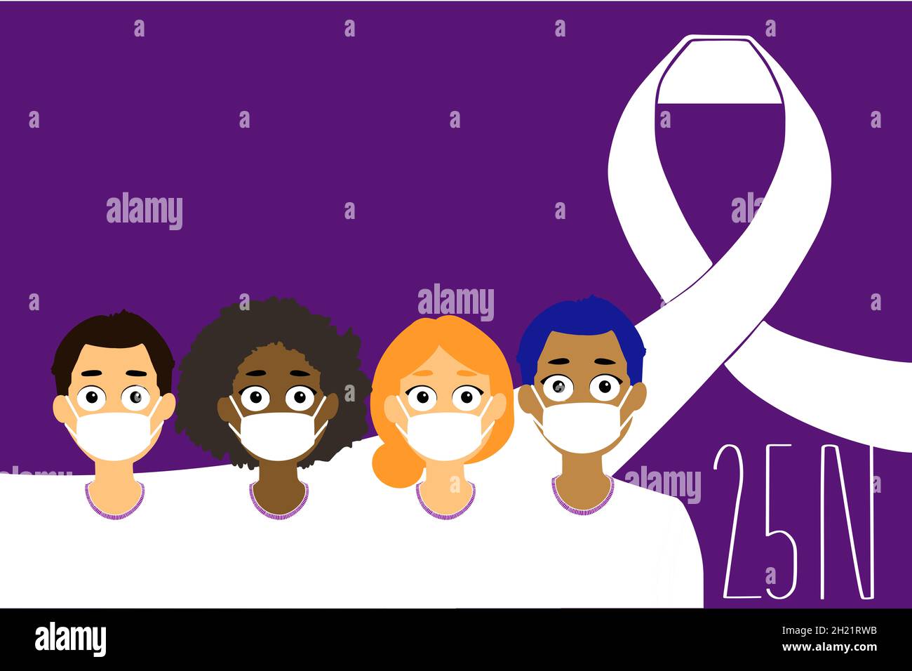 Diverse group people, International world day November 25 Ribbon. Feminism purple background. Stock Photo