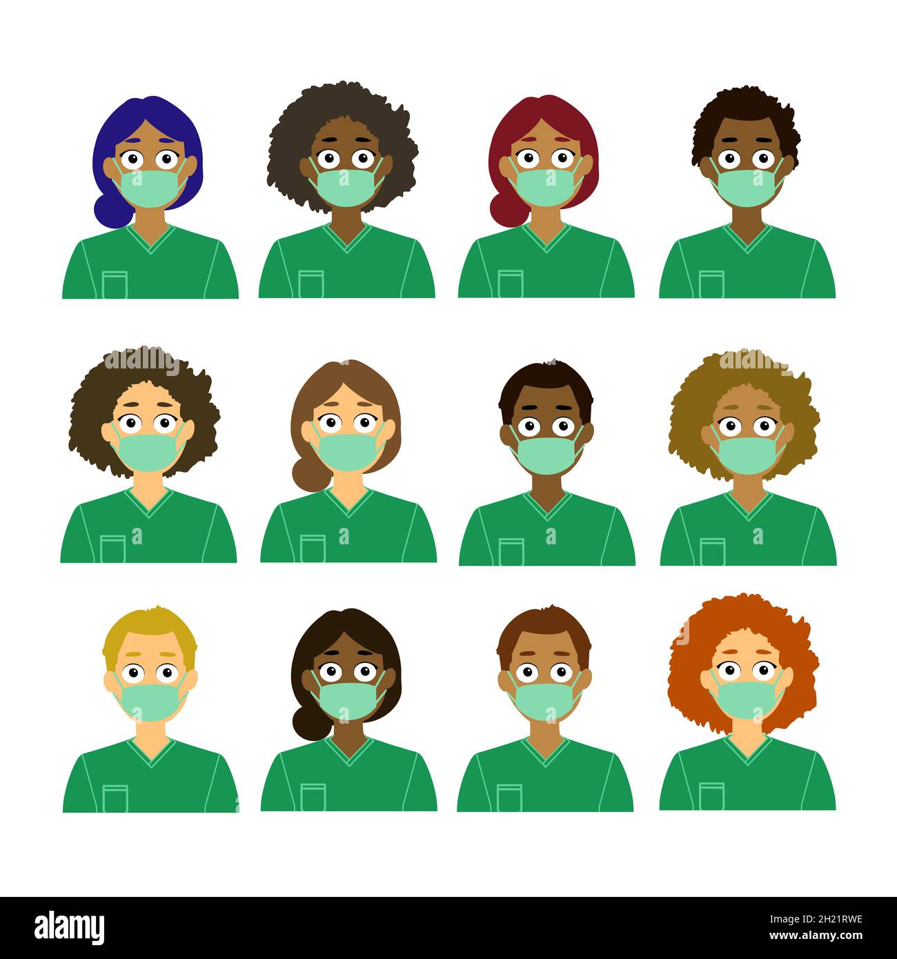 Health care professionals wearing mask, diverse people, doctor, nurse Stock Photo