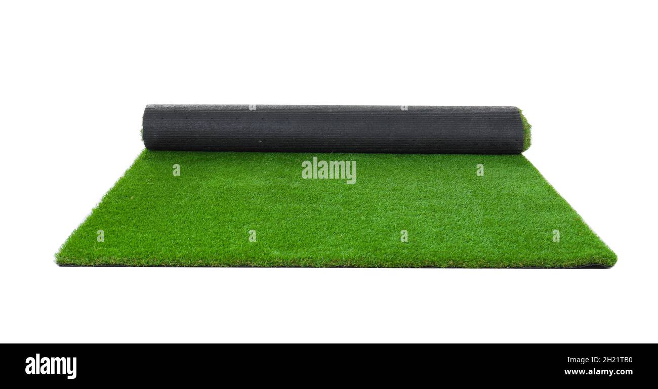 Rolled artificial grass carpet on white background. Exterior element