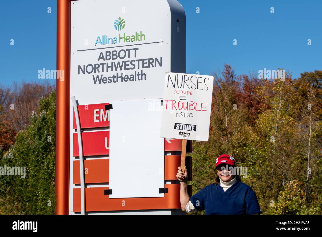 Plymouth, Minnesota. October 17, 2021.  Alllina WestHealth hospital closes the emergency room and urgent care while the nurses strike to seek a new co Stock Photo