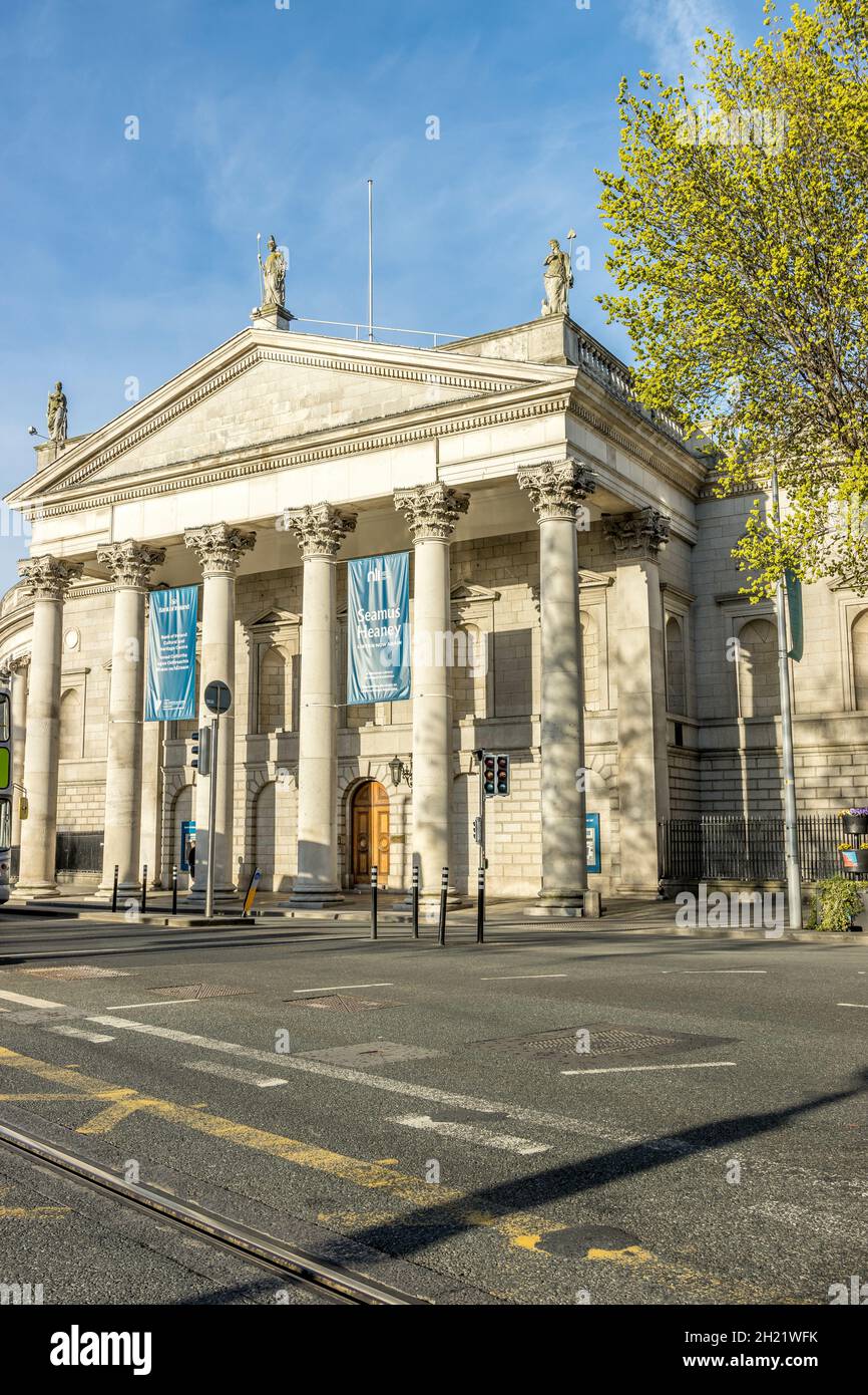 DUBLIN, IRELAND - Apr 23, 2021: A bright vertical shot of the Irish Postal Service headquarters and Dublin General Post Office front Stock Photo