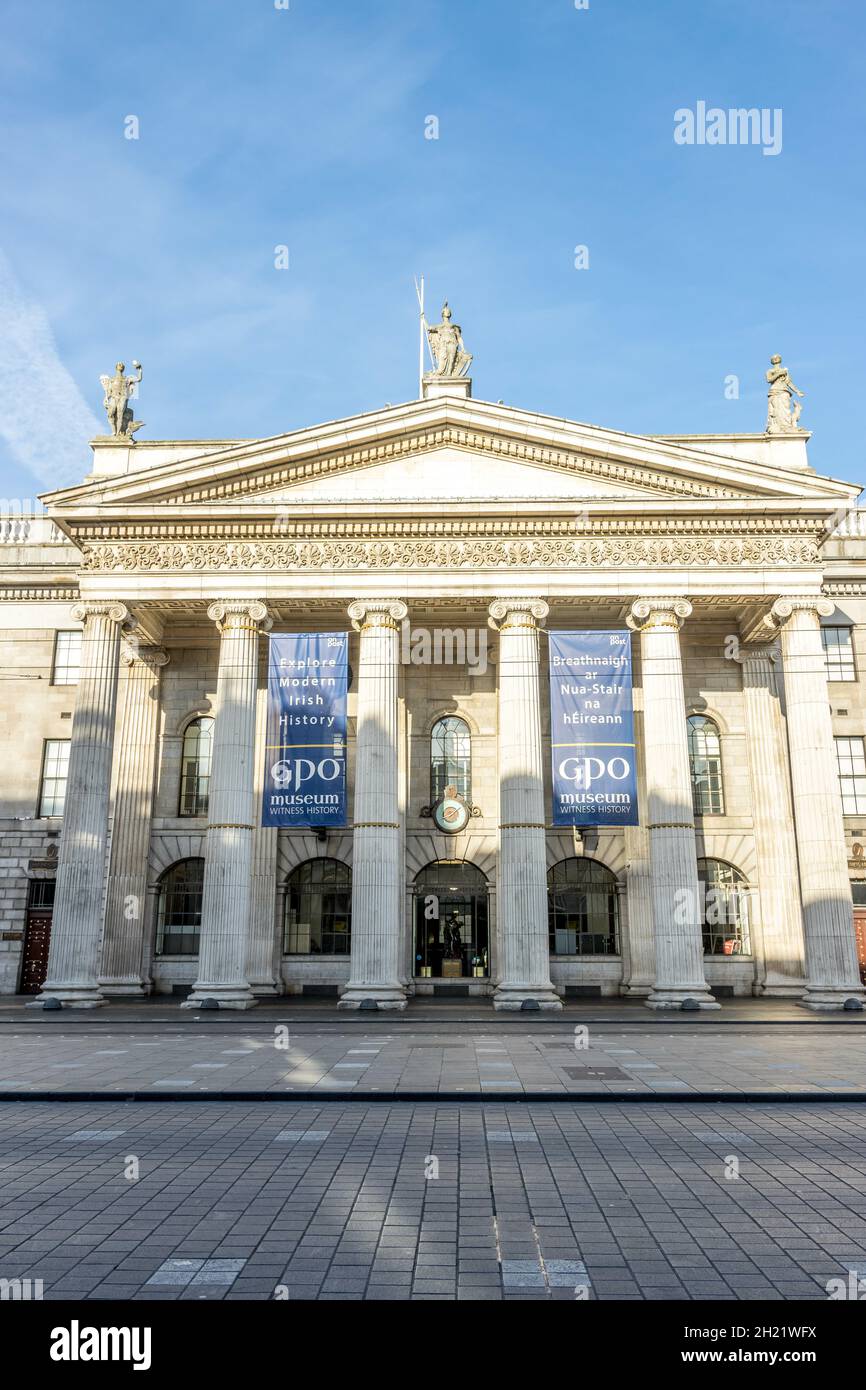 DUBLIN, IRELAND - Apr 23, 2021: A bright vertical shot of the Irish Postal Service headquarters and Dublin General Post Office front Stock Photo