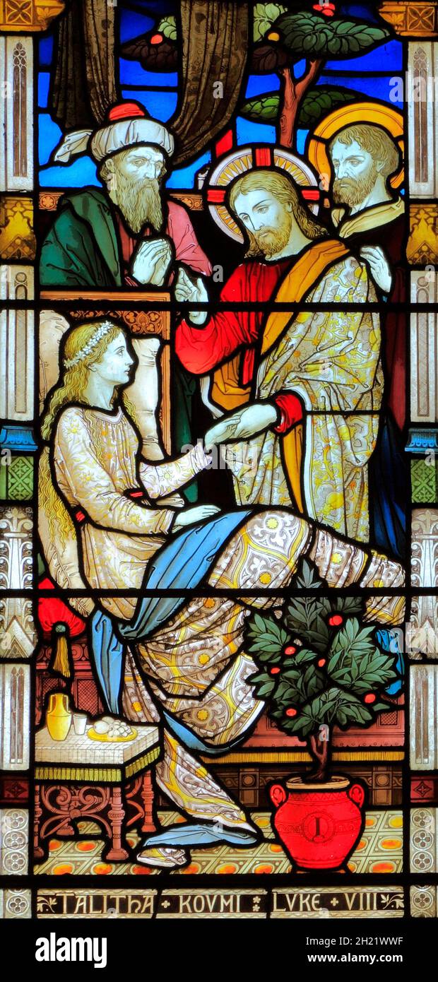 Miracles of Jesus, Raising of Jarius' daughter, Talitha Koum, stained glass window, by Heaton Butler & Bayne, 1878, Swaffham, Norfolk, England, UK Stock Photo