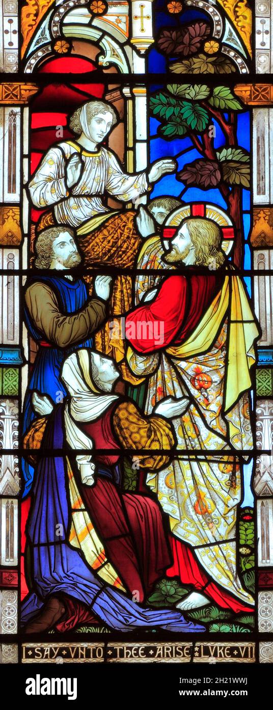Miracles of Jesus, Say Unto Thee Arise, stained glass window, by Heaton, Butler & Bayne, 1878, Swaffham, Norfolk, England, UK Stock Photo