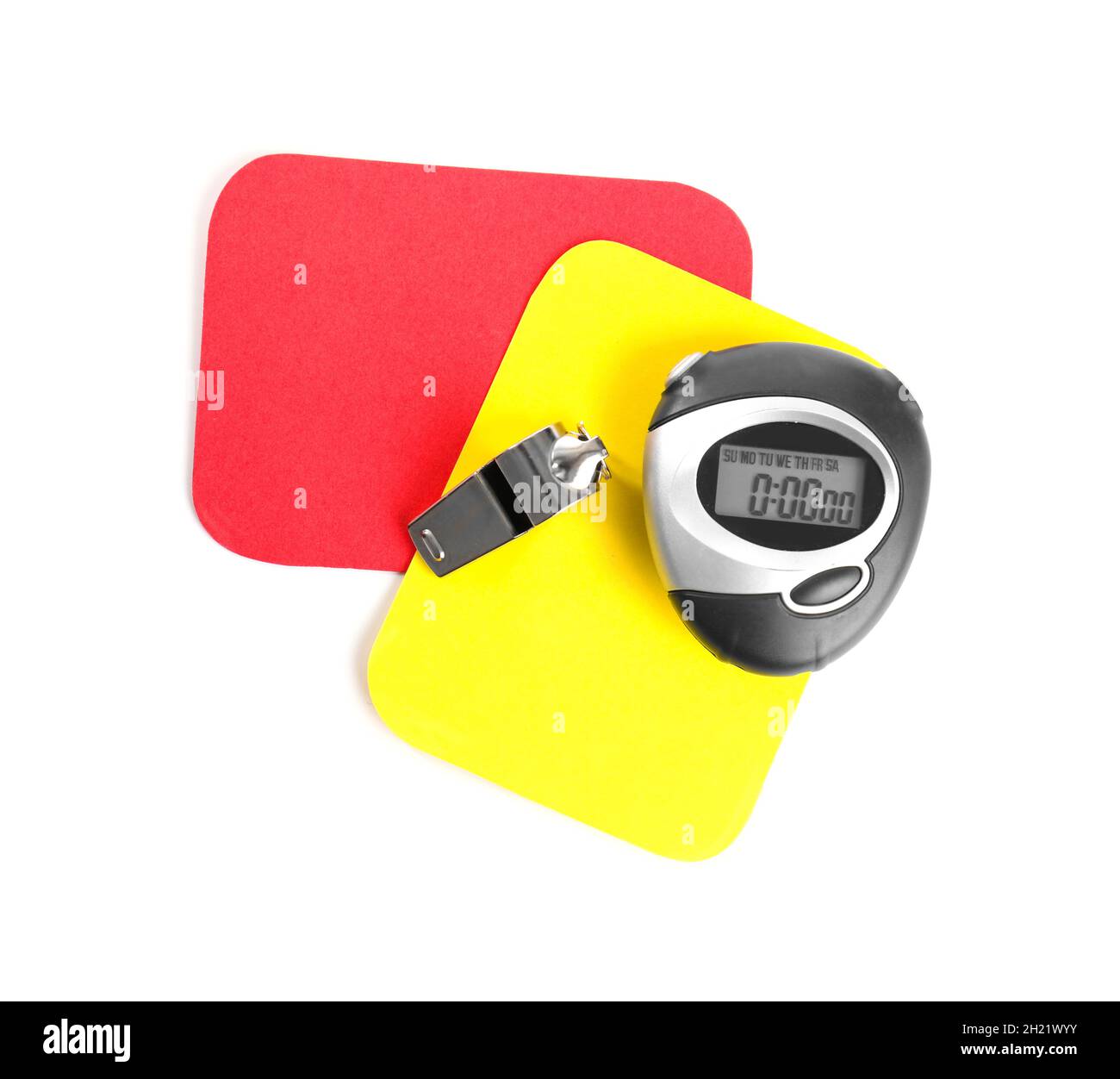 Whistle, stopwatch, red and yellow cards on white background, top view