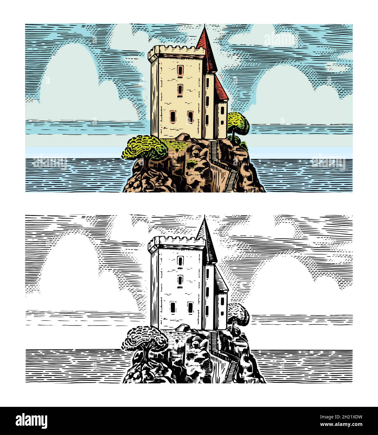 and a fortress on a rocky mountain. Castle on the background of the sea. French or Italian engraved landscape. Hand drawn monochrome vintage Stock Vector