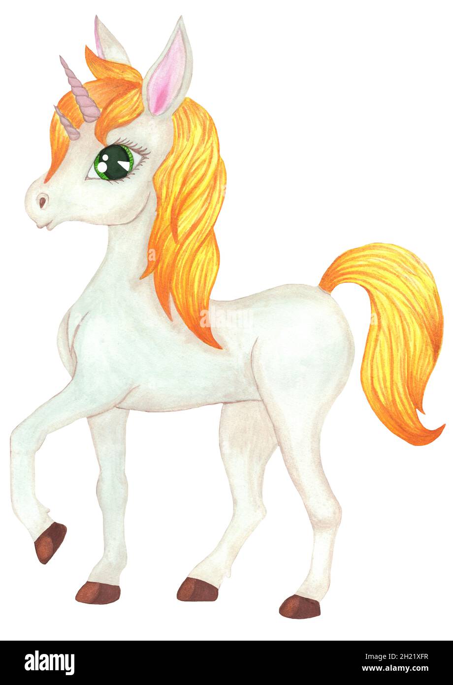 Unicorn pony with big eyes on a white background, long hair (mane, tail),  hand-drawn cartoon character. Isolated on a white background. Children's  ill Stock Photo - Alamy