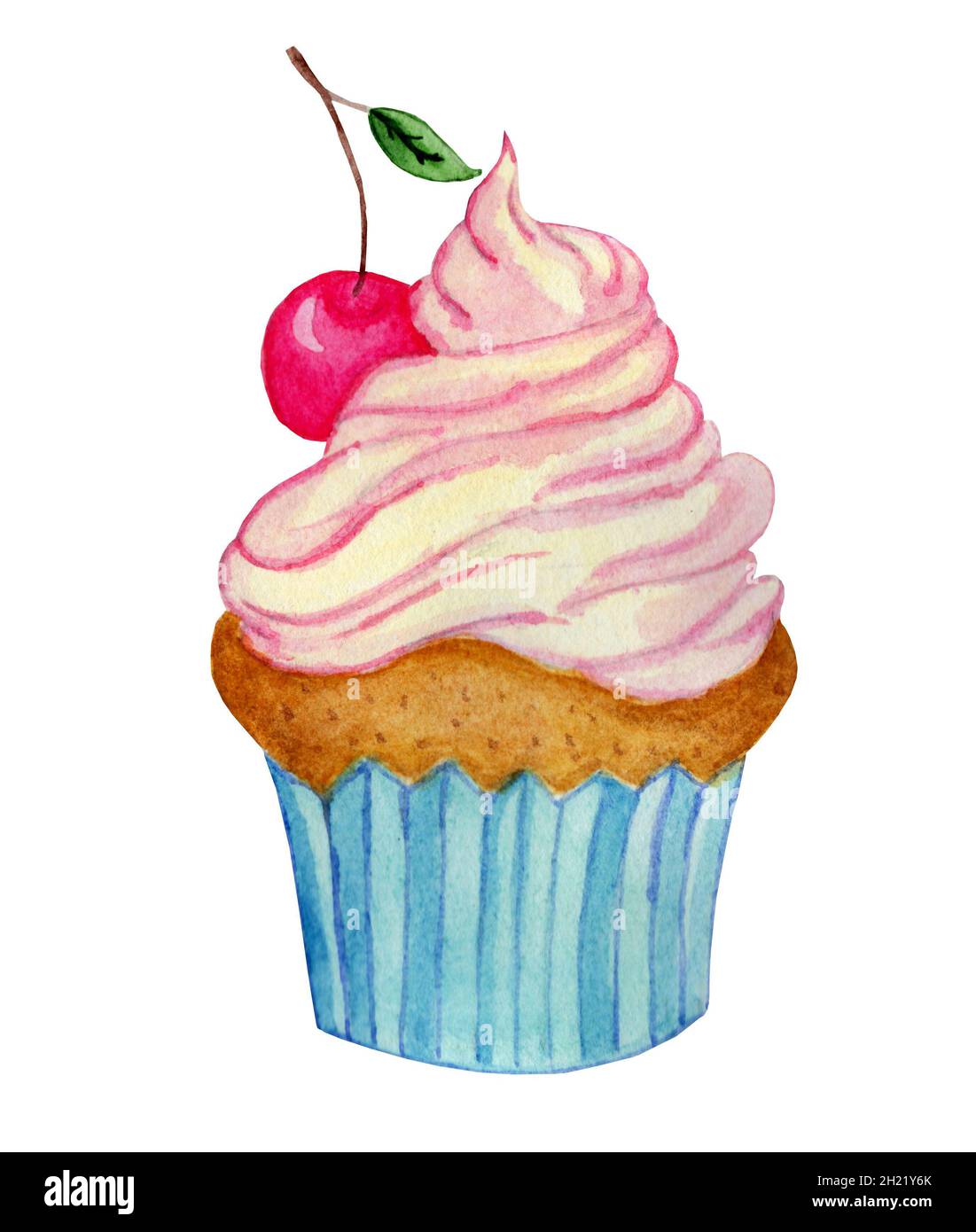 Cupcake with pink cream and sweet cherry in blue cookies on a white ...