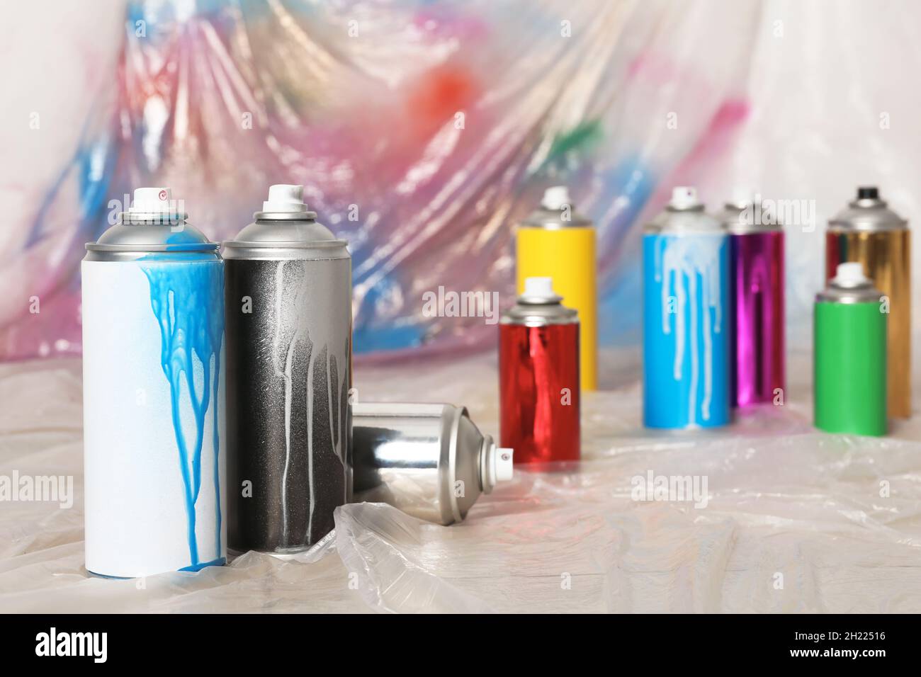Used cans of spray paint indoors. Space for text Stock Photo Alamy