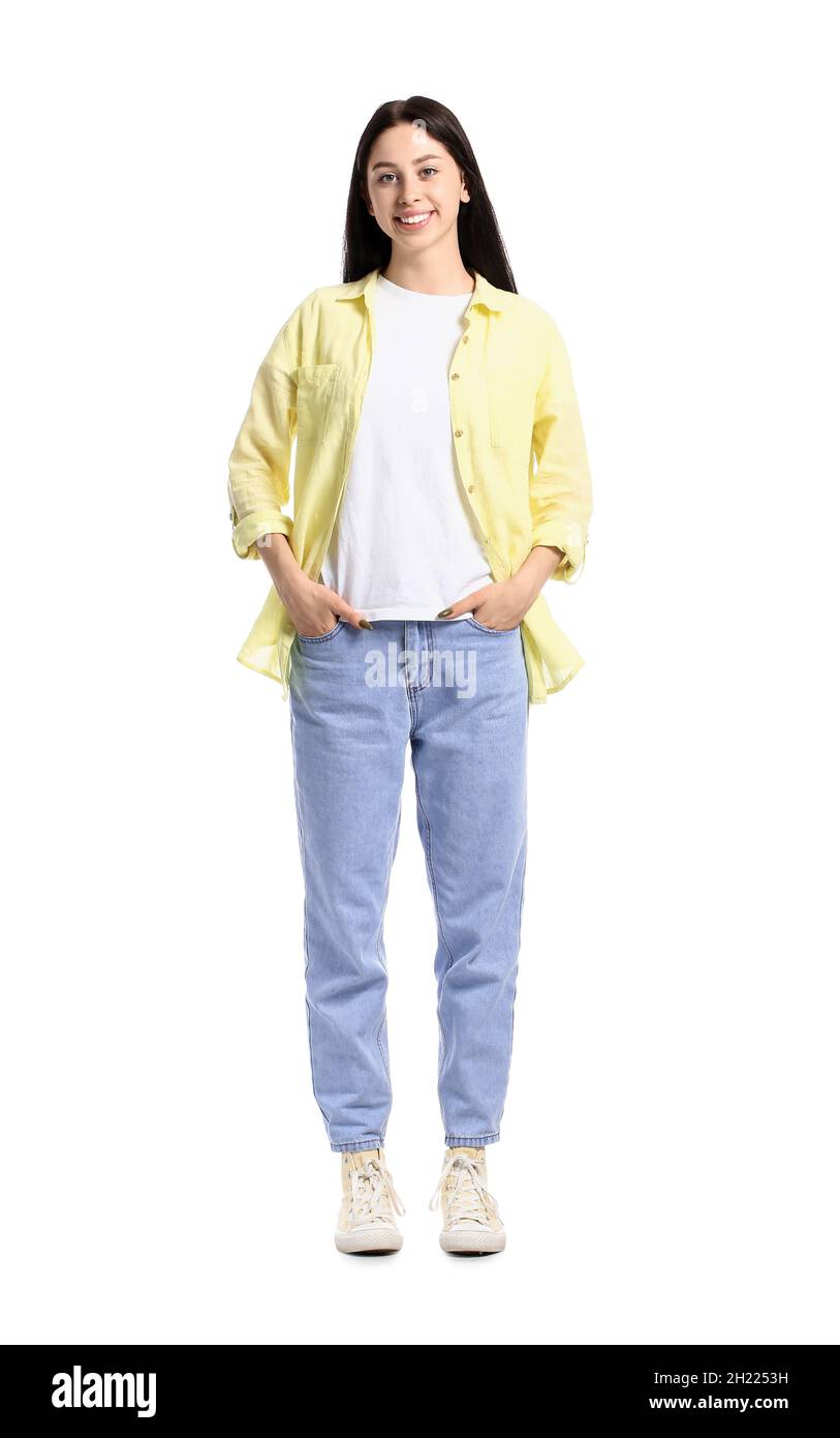 Beautiful teenage girl in yellow shirt on white background Stock Photo