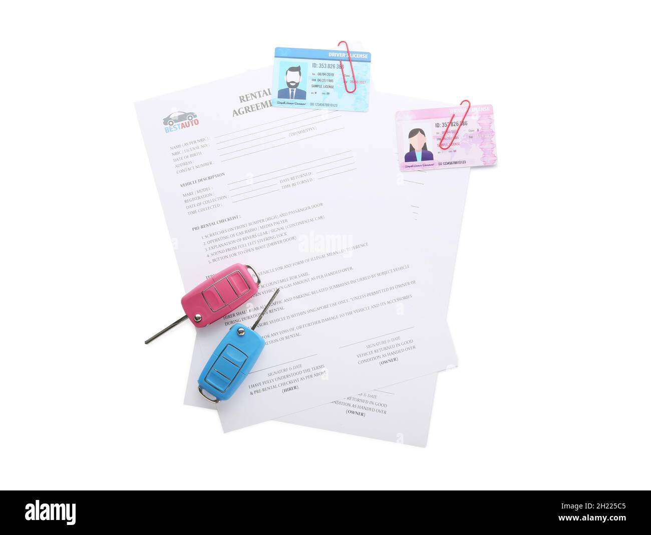 Rental agreements, driver licenses and car keys on white background