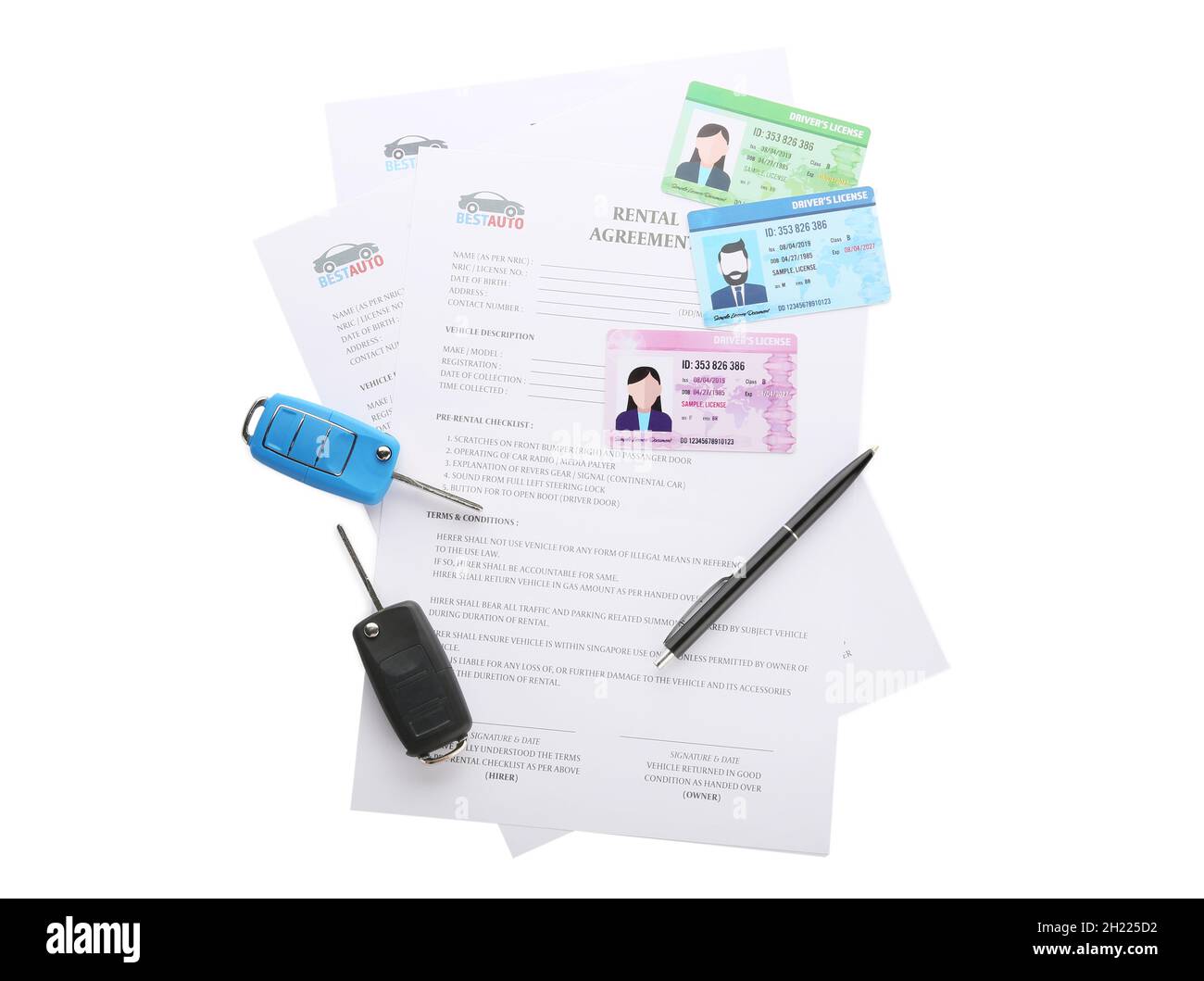 Rental agreements, driver licenses, pen and car keys on white