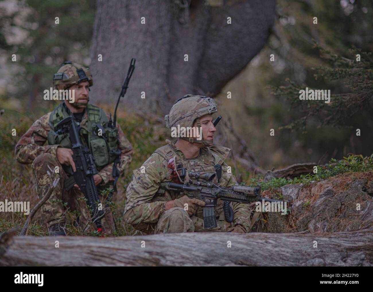 A U.S. Army paratrooper assigned to 1st Battalion, 503rd Infantry Regiment, 173rd Airborne Brigade and Alpine troops secure a vital point after a tactical insertion into enemy territory during air assault operations at Exercise Alpine Star 22 in Prato Piazza, Italy, October 11, 2021. This training further enhanced the paratroopers’ combat readiness, lethality and agility by giving them firsthand experience working with our Italian partners during simulated combat engagements.    Alpine Star 22 is part of an allied forces training exercise that includes tactical insertions, medical evacuations, Stock Photo