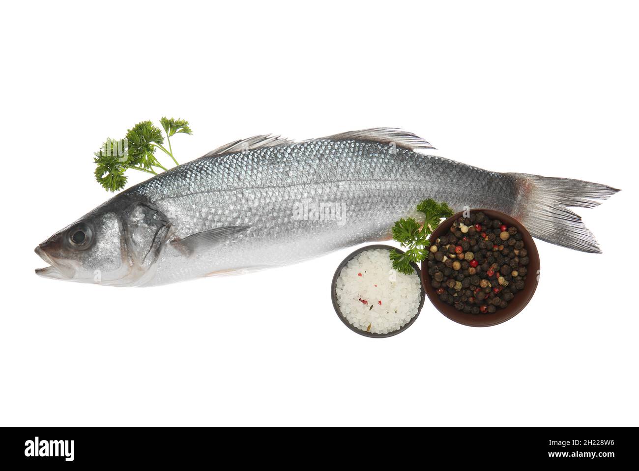 Fresh uncooked sea bass fish on white background Stock Photo - Alamy