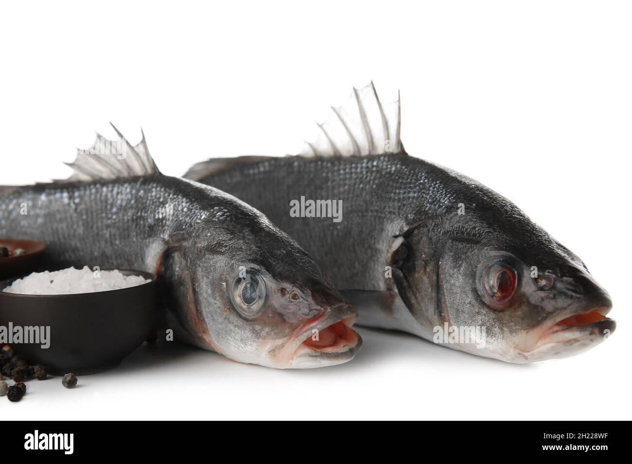 Fresh uncooked sea bass fish on white background, closeup Stock Photo ...
