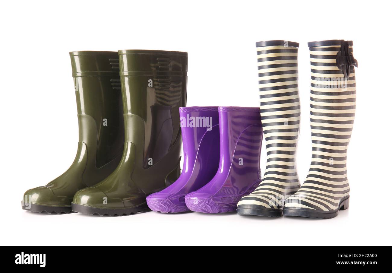 Many different rubber boots on white background Stock Photo Alamy
