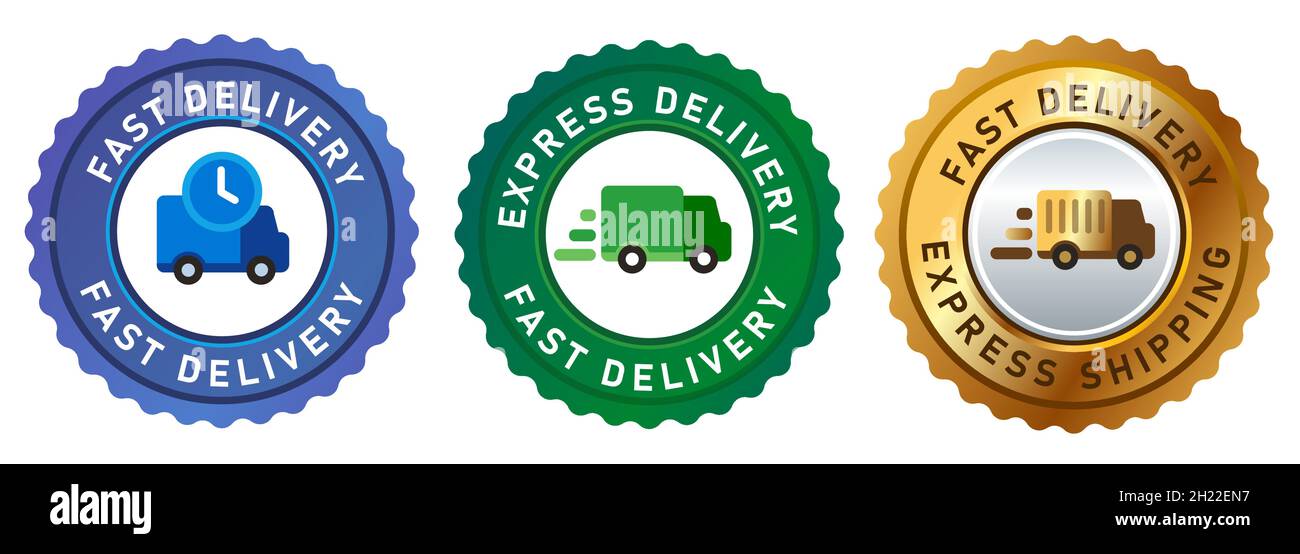 fast delivery express icon van truck emblem stamp badges sticker in blue green golden vector illustration Stock Vector