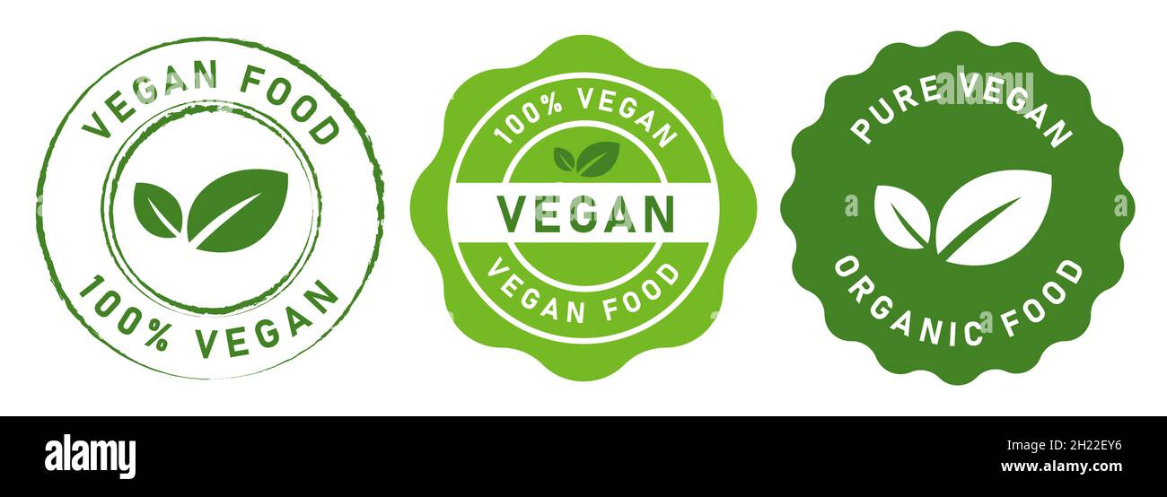 vegan food stamp label for vegetarian green leaf circle seal sticker vector graphic isolated set vector Stock Vector