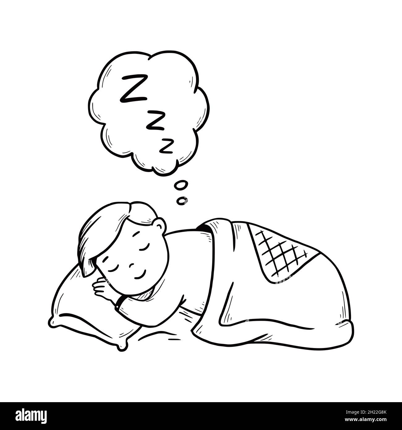 Hand Drawn Sleep Kid Boy Doodle Sketch Style Concept Of Relax Time 