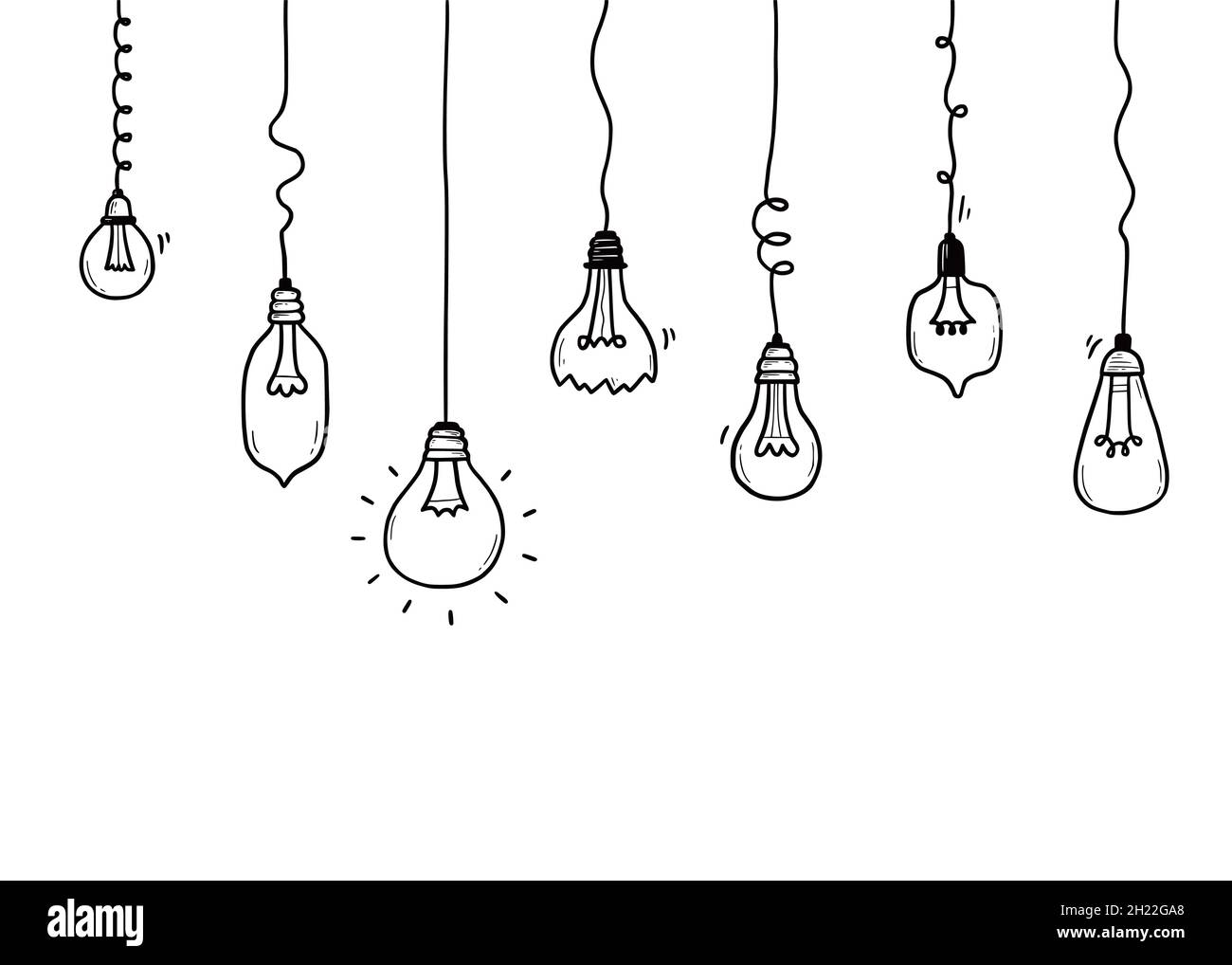 Light bulb set. Doodle hand drawn sketch style lamp. Concept of