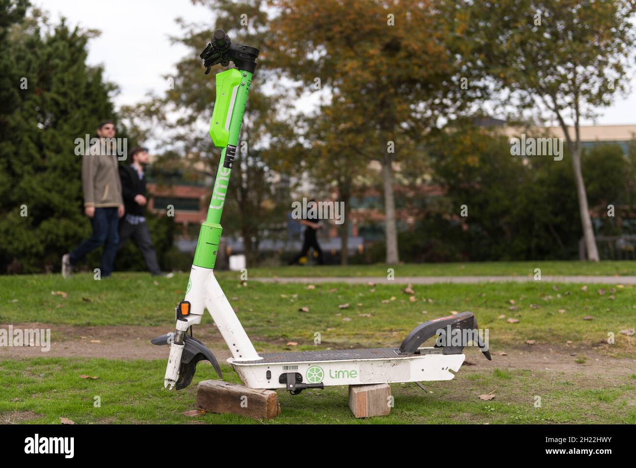 Seattle, USA. 19th Oct, 2021. A Lime Scooter missing both wheels in