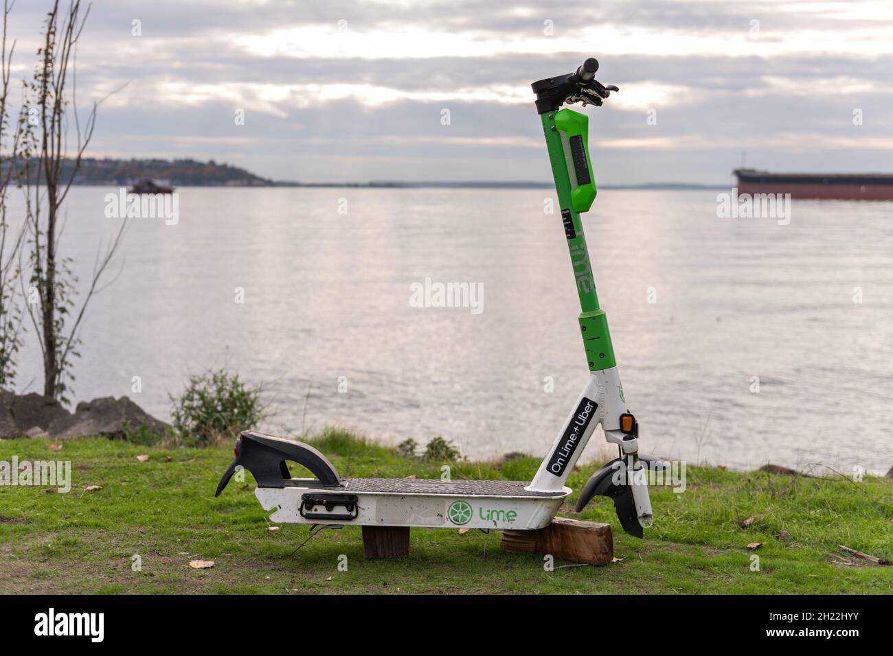 Seattle, USA. 19th Oct, 2021. A Lime Scooter missing both wheels in