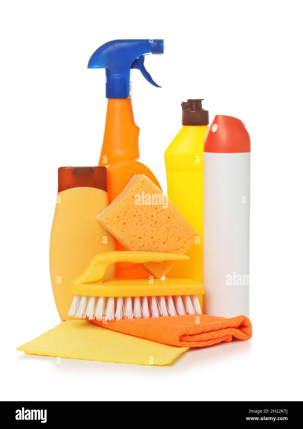 Different cleaning supplies on white background Stock Photo Alamy