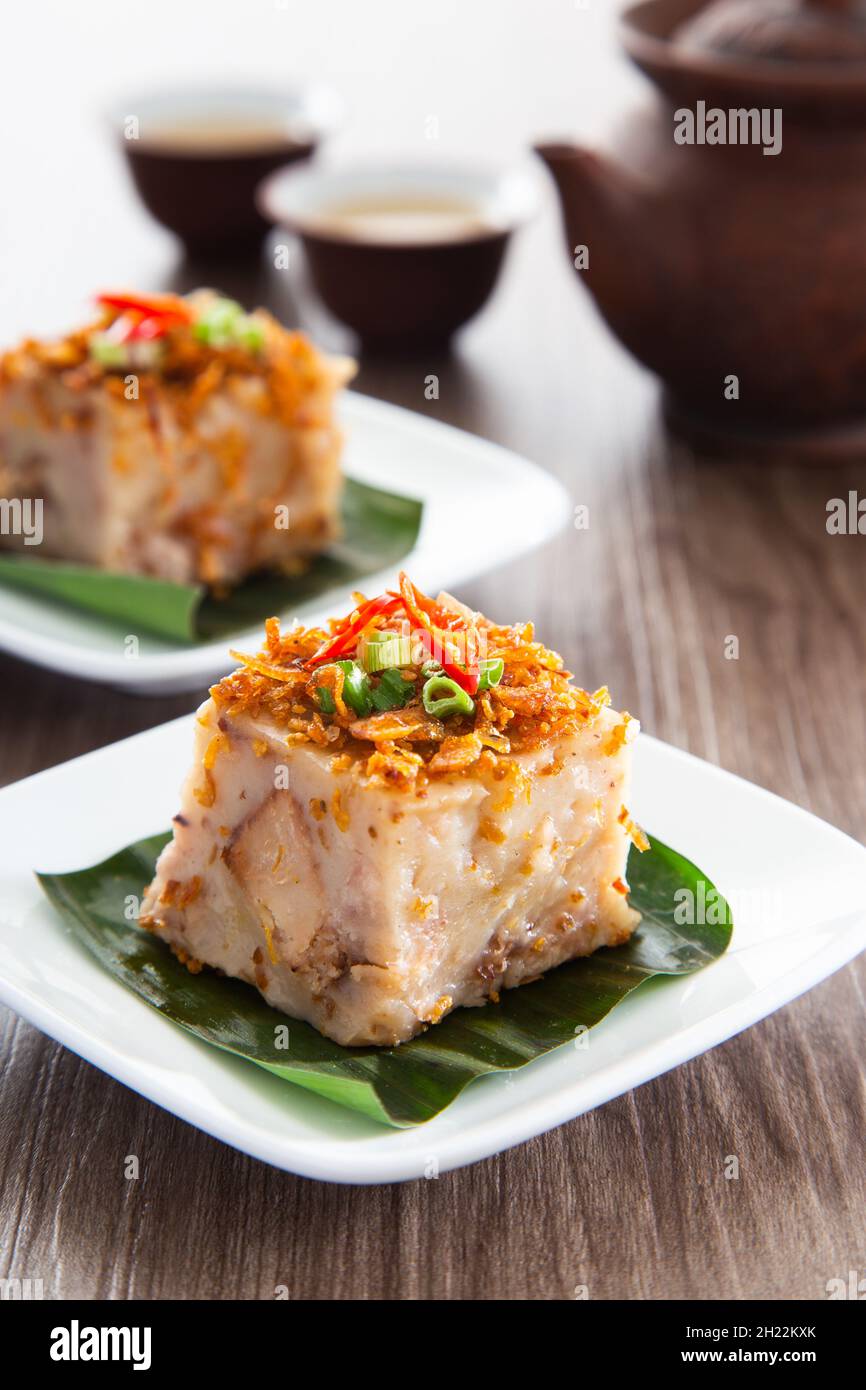 Steamed Yam Cake with Ground Deep-Fried Dried Shrimps Toppings Stock Photo