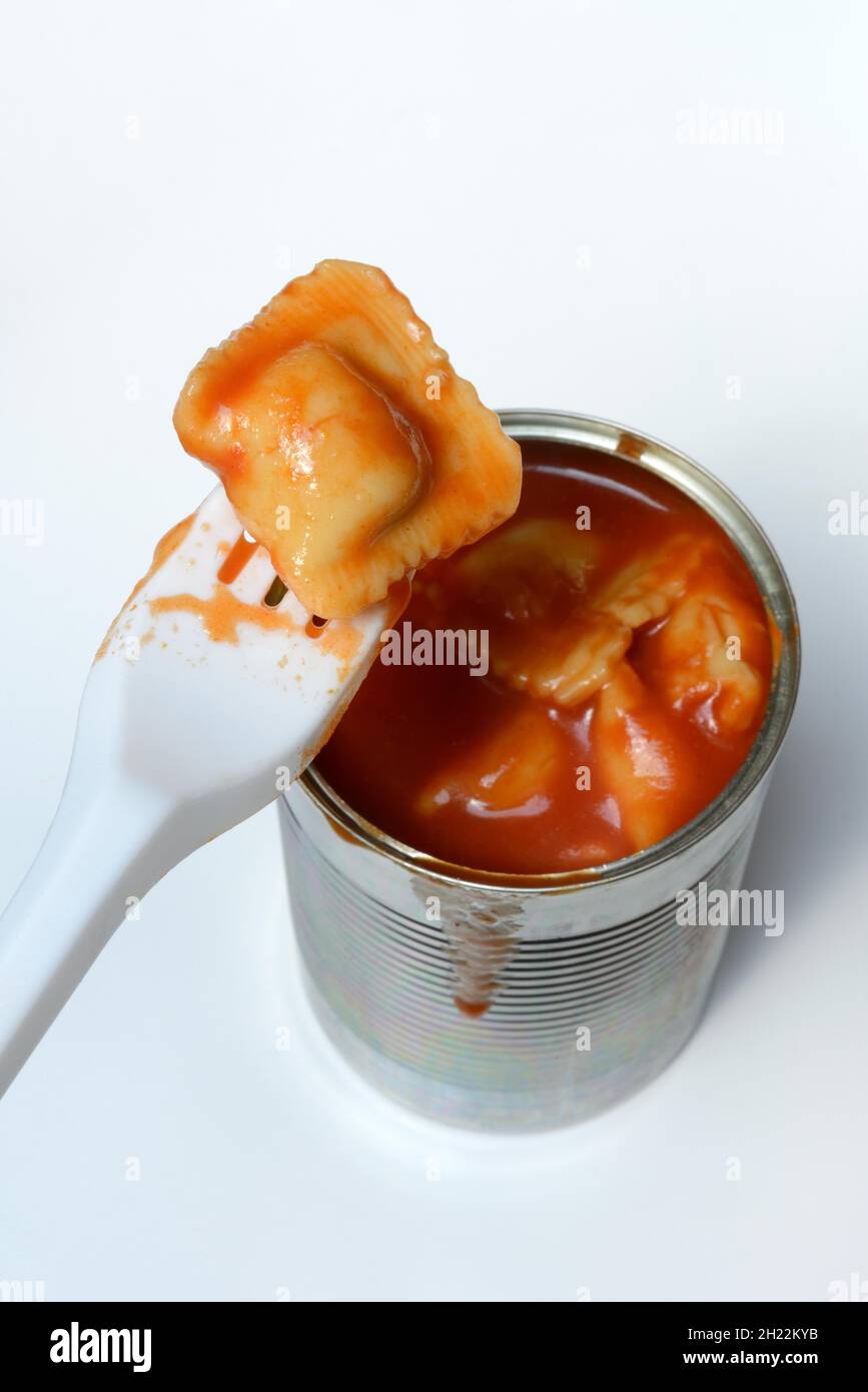 Ravioli in tin and plastic fork, ready meal with fork Stock Photo