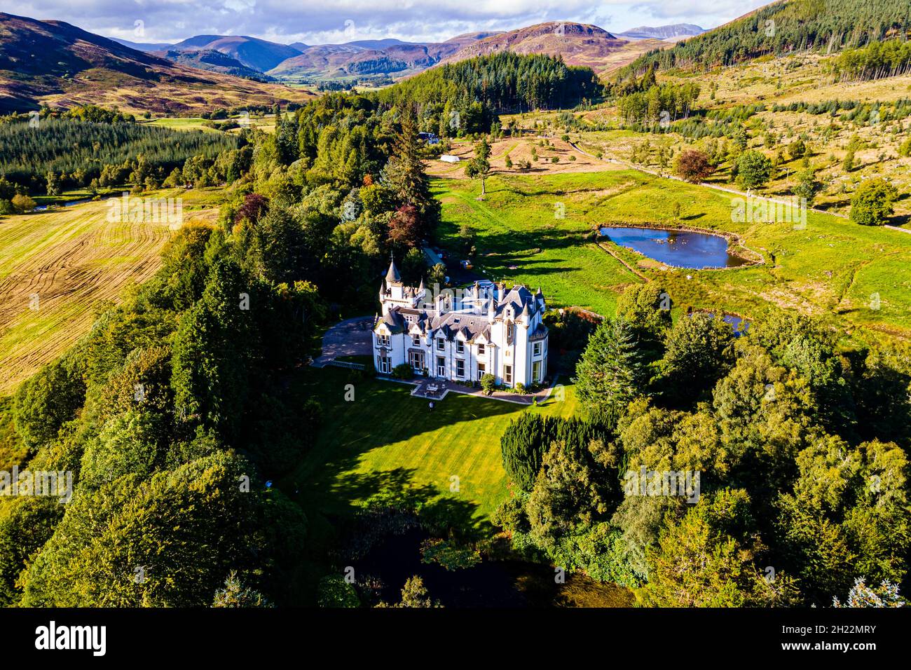 Aerial of Dalnaglar Castle, Glenshee, Scotland, UK Stock Photo Alamy