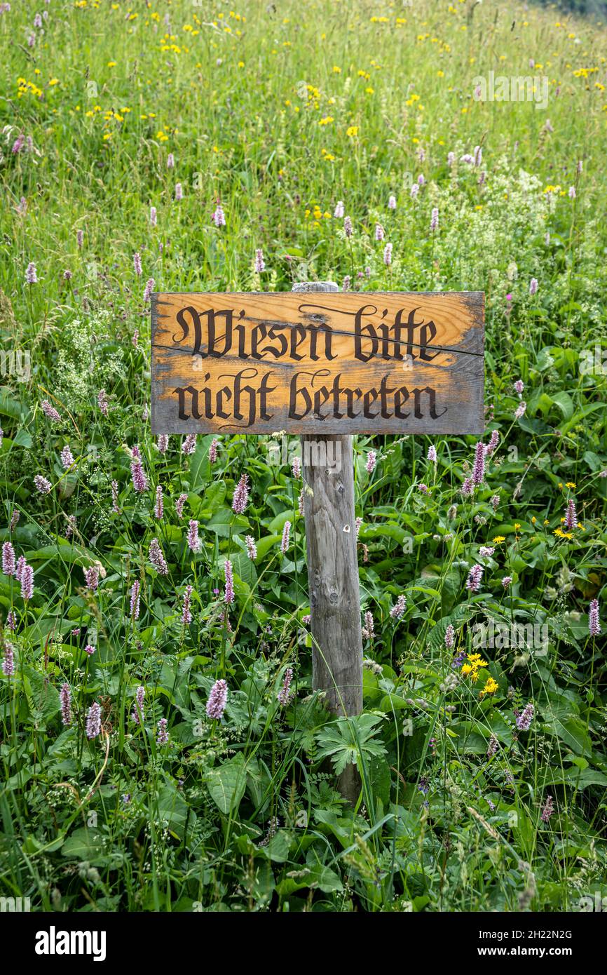 Sign in a meadow, Wiese bitte nicht betreten, Oberstdorf, Germany Stock Photo