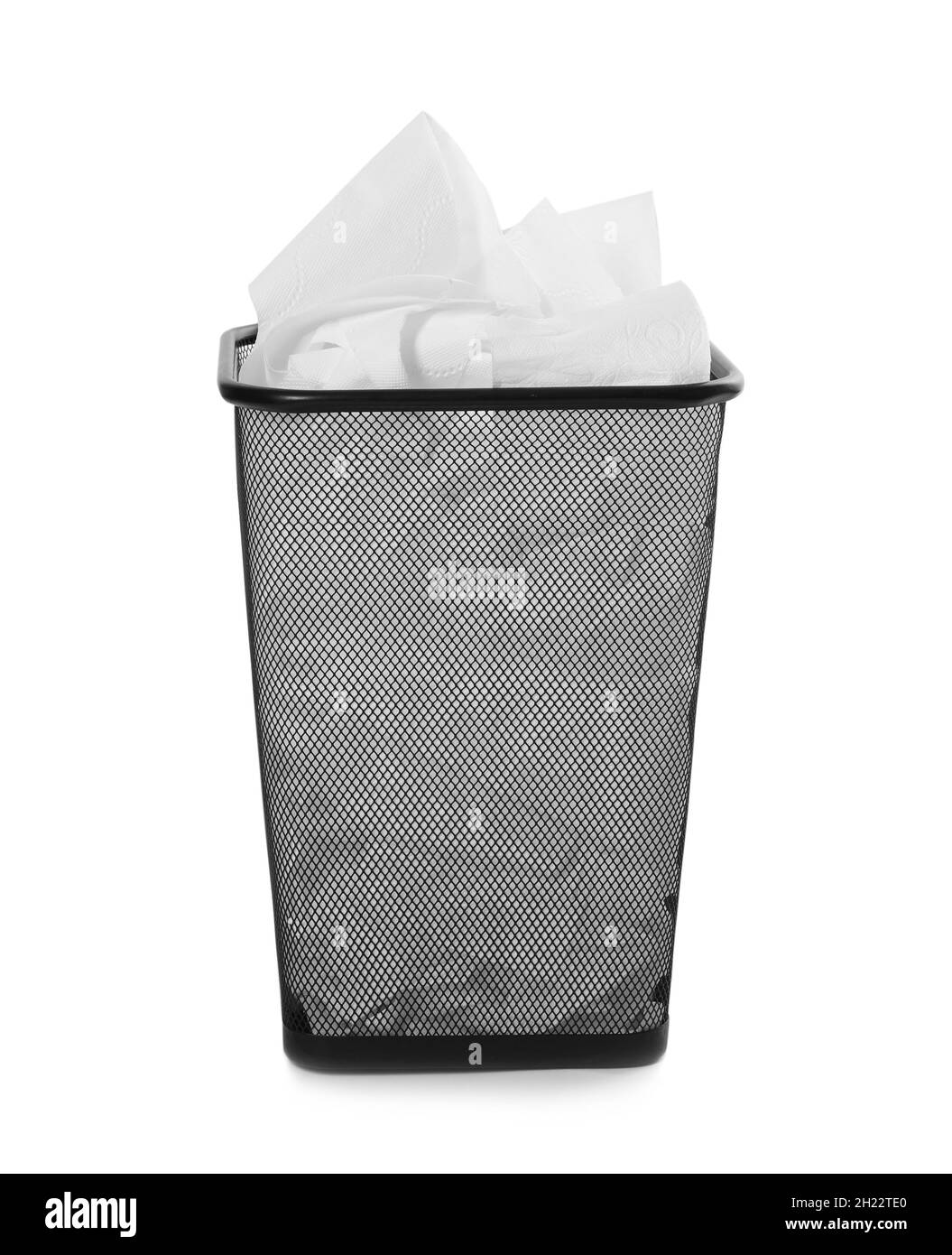 Trash bin with used toilet paper on white background Stock Photo Alamy