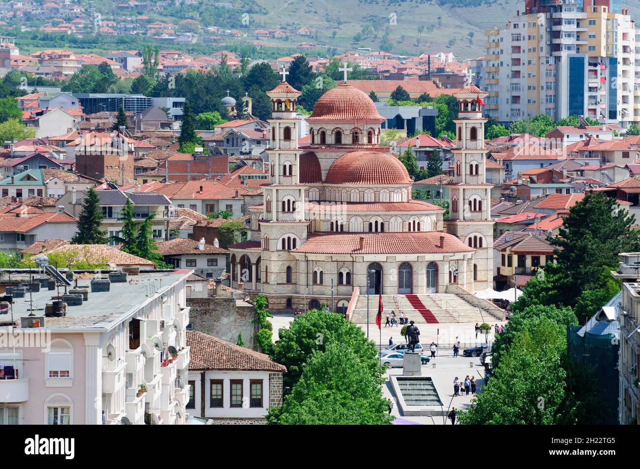Resurrection Cathedral, View from Red Tower, City Centre, Korca, Korca, Albania Stock Photo