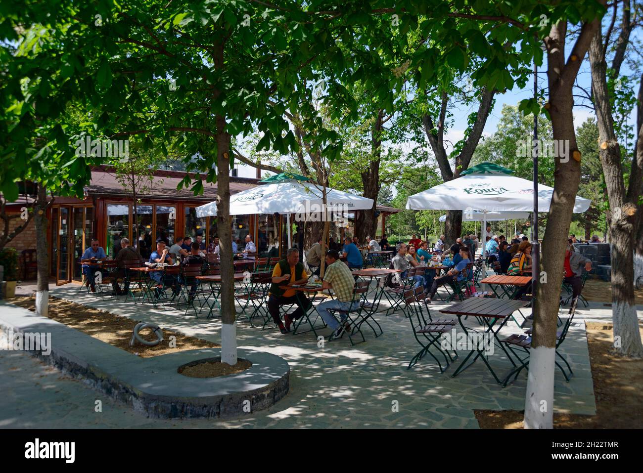 Beer garden, Korca Brewery, Korca, Korca, Albania Stock Photo