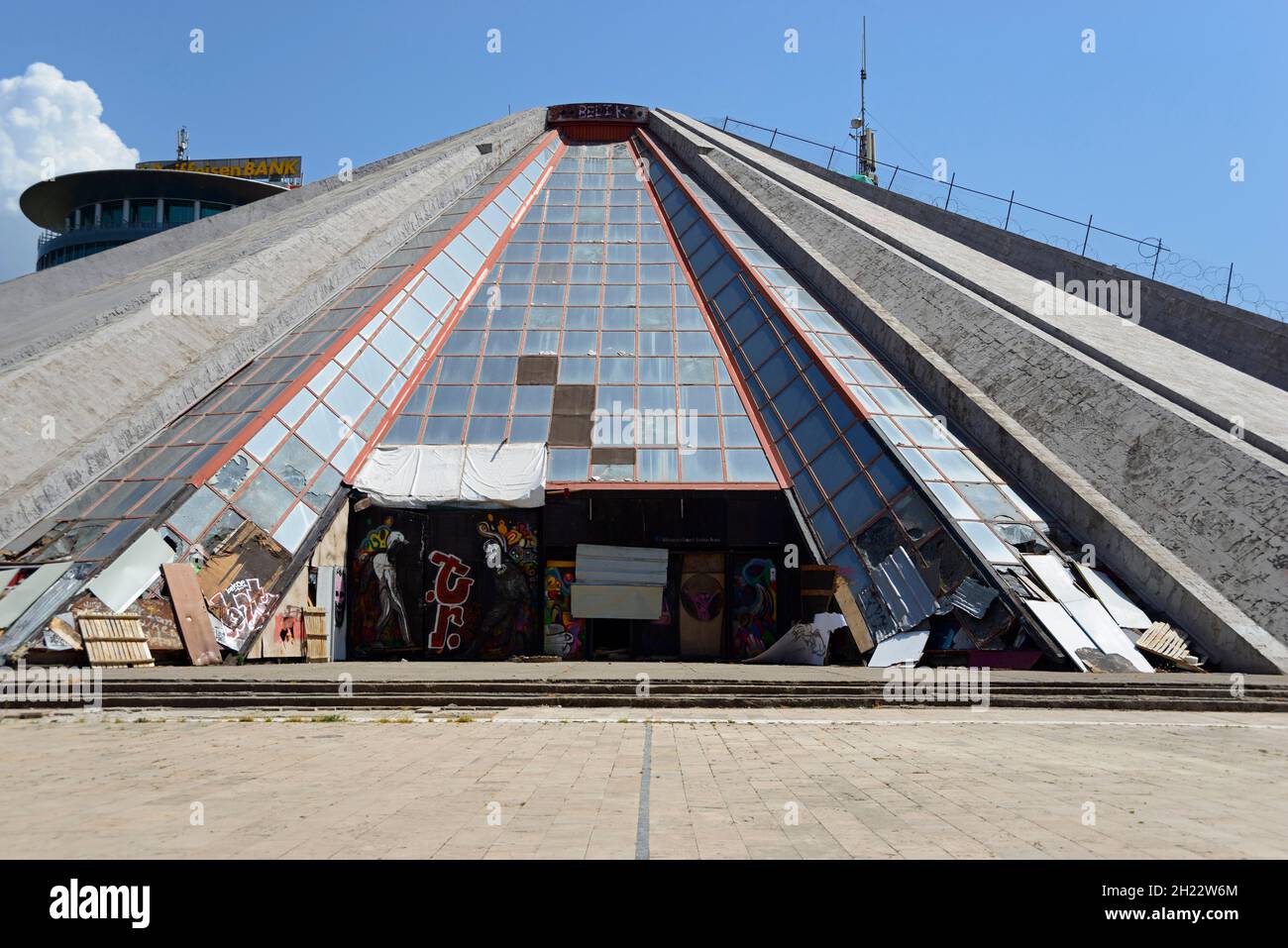 Piramida, The Pyramid, former Enver Hoxha Museum, then cultural centre, now Top Channel TV station, Tirana, Albania Stock Photo