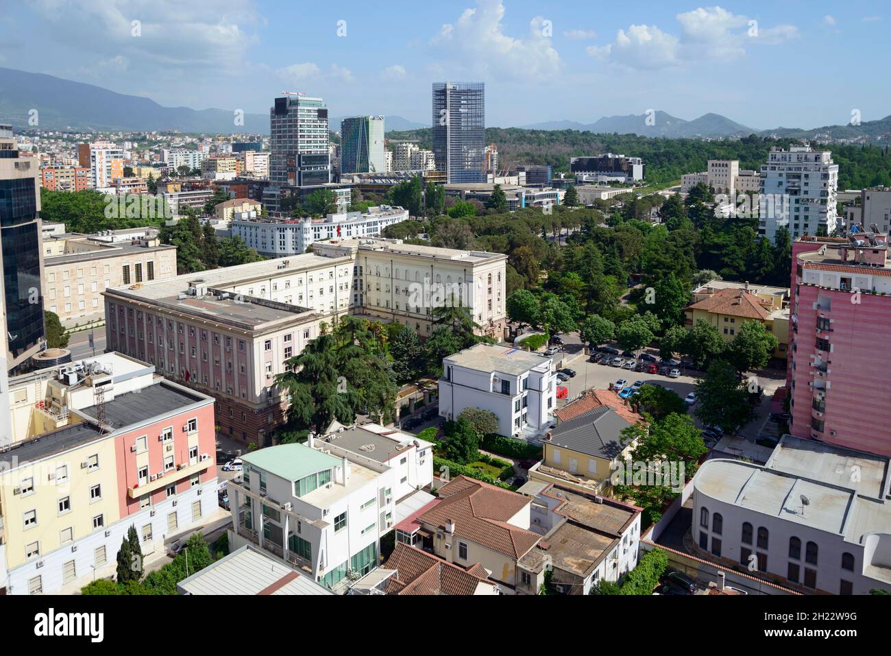 City centre, view from Sky Tower, mountains in the back, Tirana, Albania Stock Photo