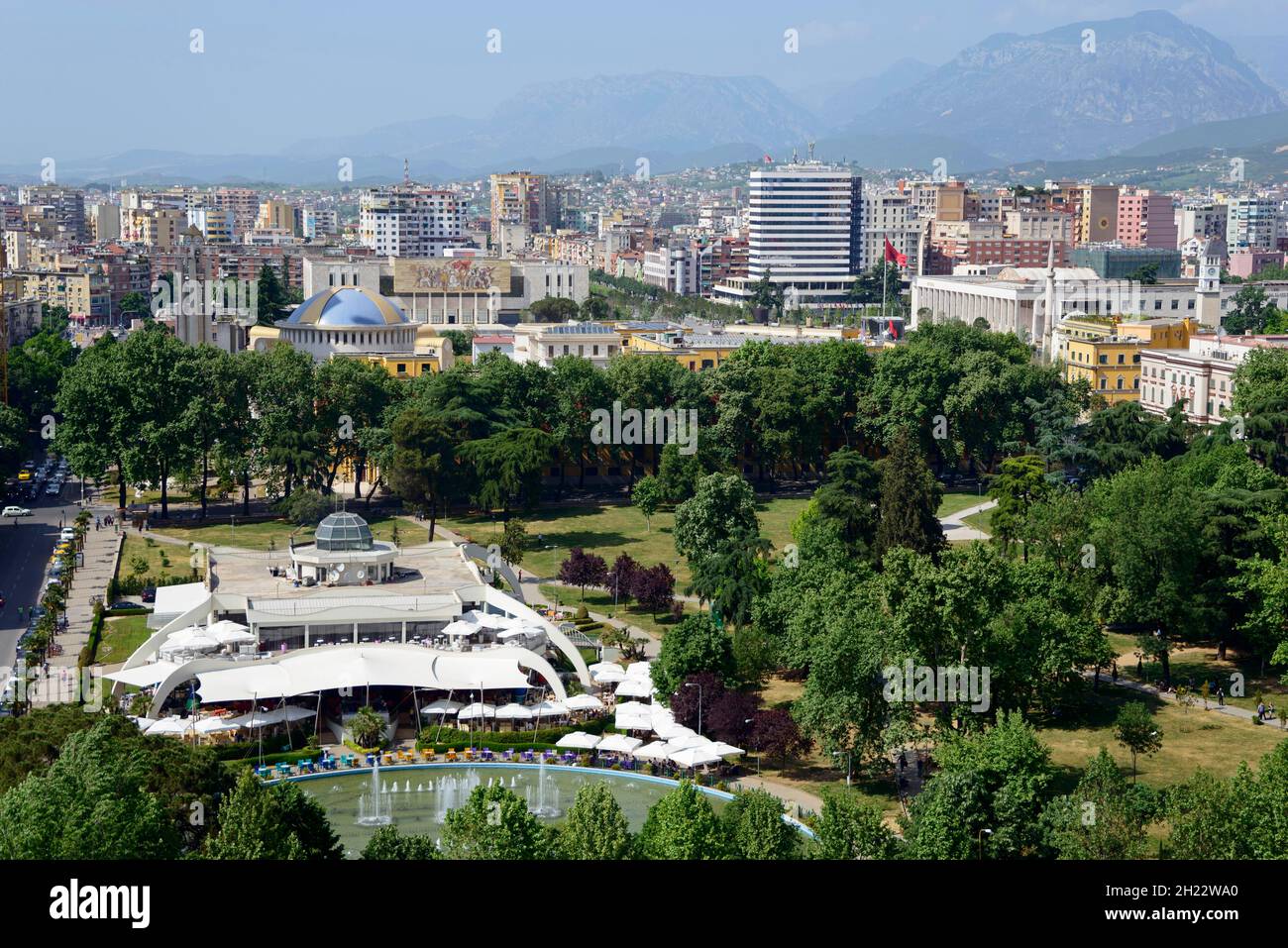 City centre with Rinia Park, Skanderbeg Square, view from Sky Tower, Tirana, Albania Stock Photo