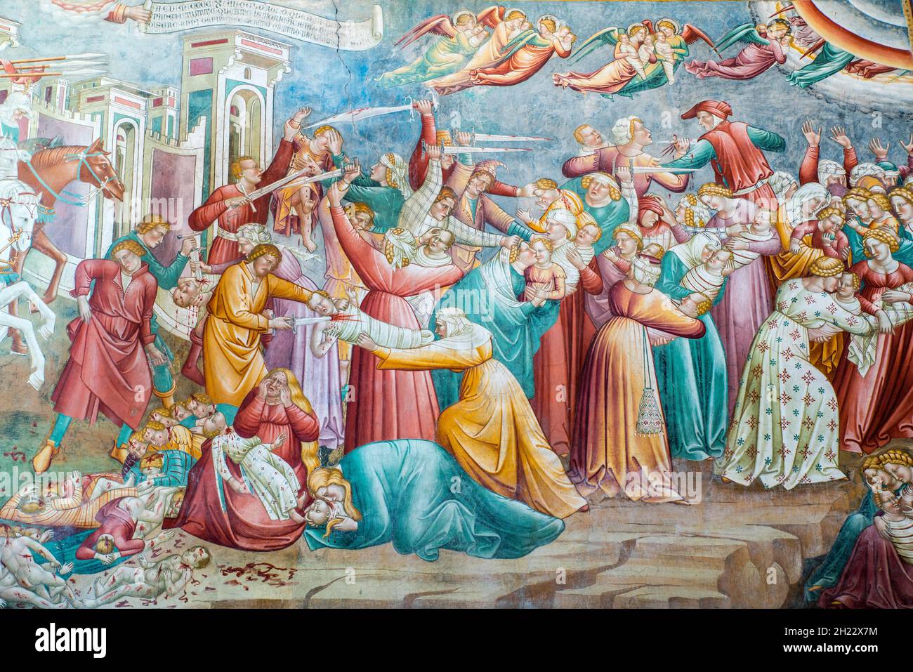 Infanticide at Bethlehem, fresco by Cenni di Francesco, 1410, Cappella della Croce di Giorno, San Francesco, Volterra, Tuscany, Italy Stock Photo