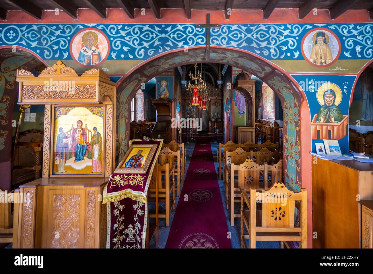 Interior of a church, Kimissis tis Theotokou, Greek Orthodox Church of Zia, Kos, Dodecanese, Greece Stock Photo
