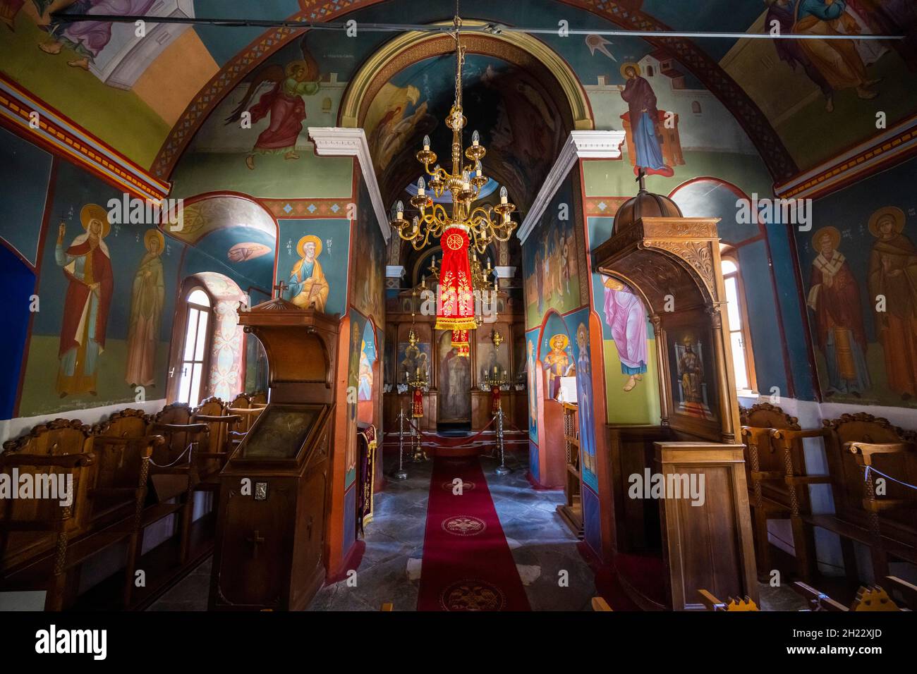 Interior of a church, Kimissis tis Theotokou, Greek Orthodox Church of Zia, Kos, Dodecanese, Greece Stock Photo
