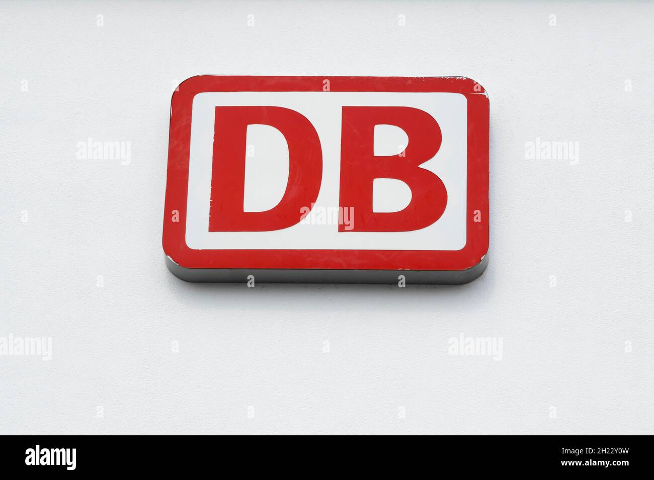Sign and logo DB, Deutsche Bahn, welfare association, North Rhine-Westphalia, Germany Stock Photo